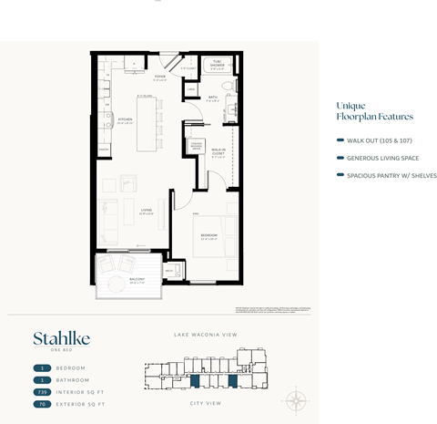 Floor plan for 1 bed, 1 bath, 739 sqft
